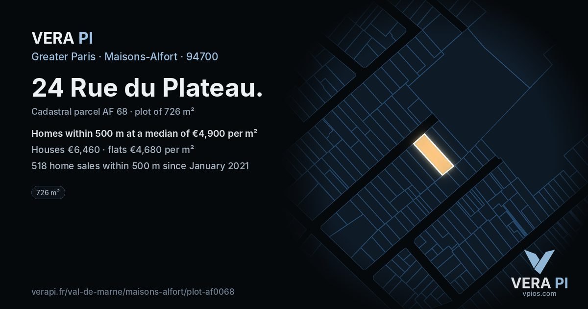 24 Rue du Plateau, Maisons-Alfort at night – the plot lit, the parcels around coloured by the prices near them