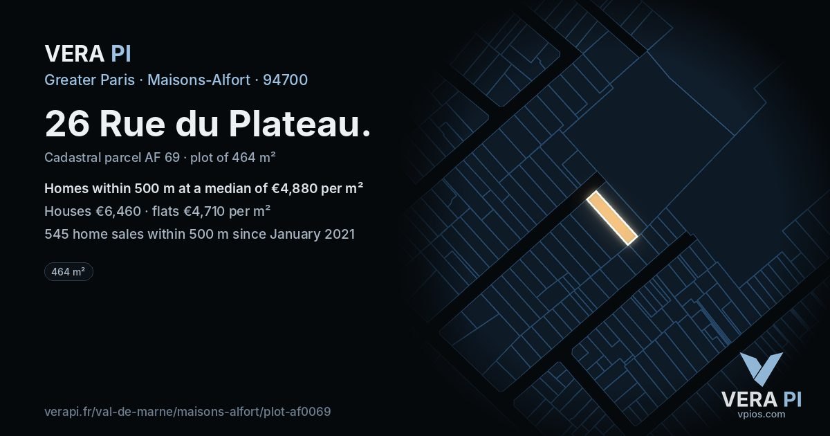 26 Rue du Plateau, Maisons-Alfort at night – the plot lit, the parcels around coloured by the prices near them
