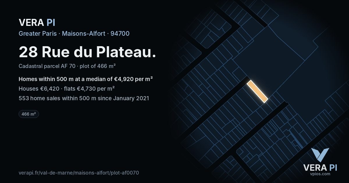 28 Rue du Plateau, Maisons-Alfort at night – the plot lit, the parcels around coloured by the prices near them