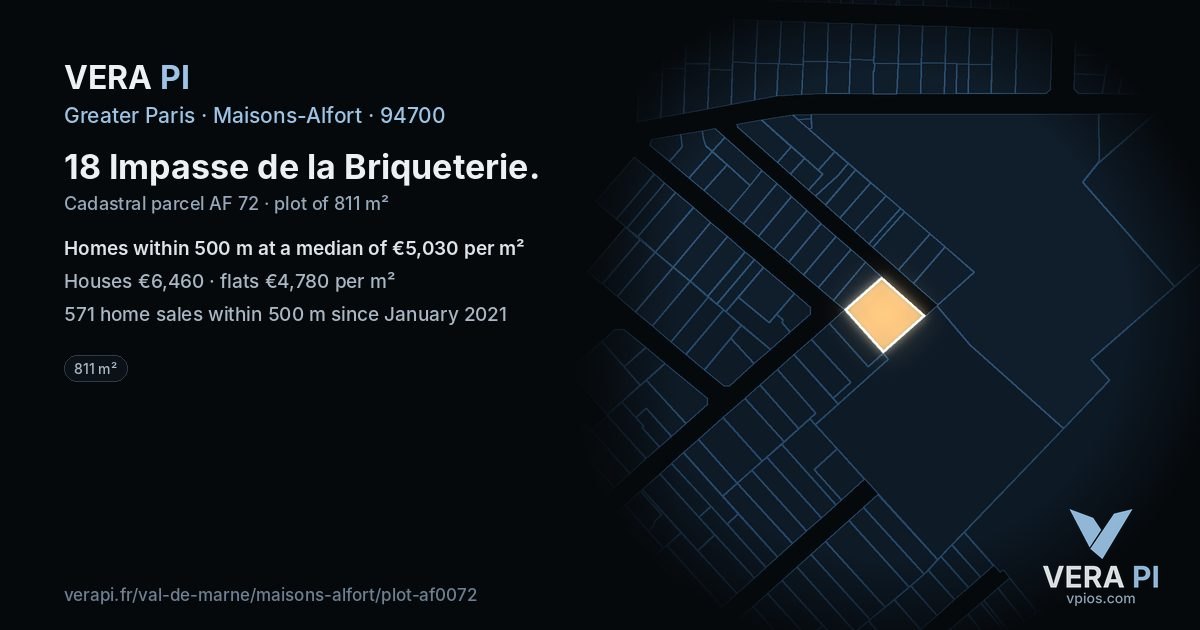 18 Impasse de la Briqueterie, Maisons-Alfort at night – the plot lit, the parcels around coloured by the prices near them