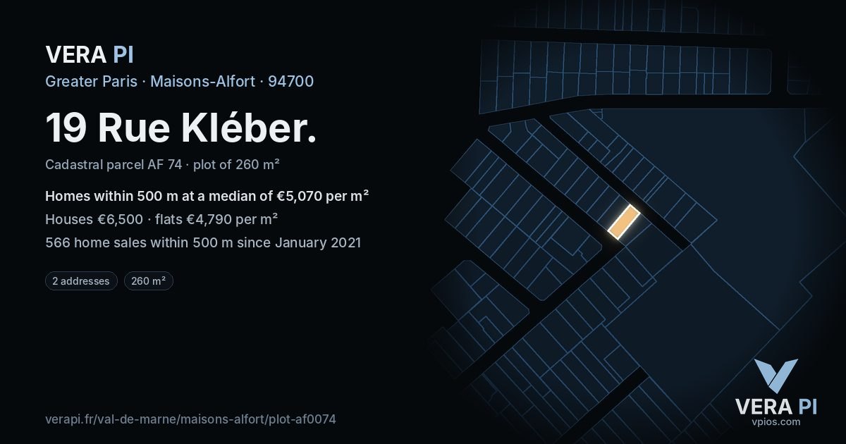 19 Rue Kléber, Maisons-Alfort at night – the plot lit, the parcels around coloured by the prices near them
