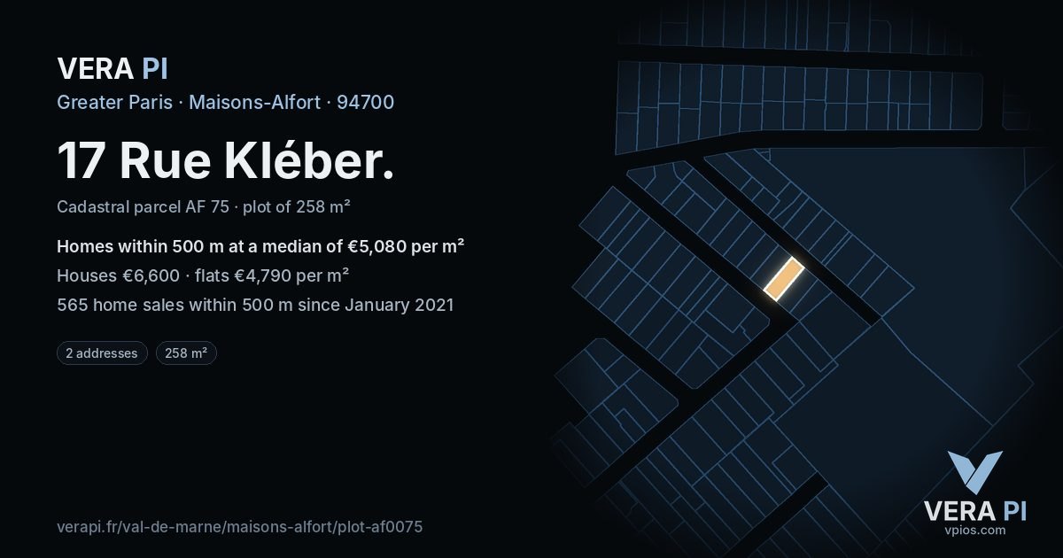 17 Rue Kléber, Maisons-Alfort at night – the plot lit, the parcels around coloured by the prices near them