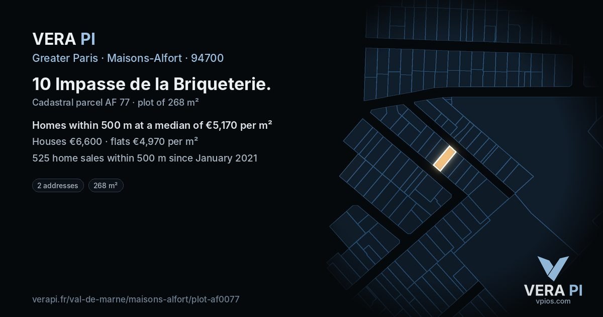 10 Impasse de la Briqueterie, Maisons-Alfort at night – the plot lit, the parcels around coloured by the prices near them