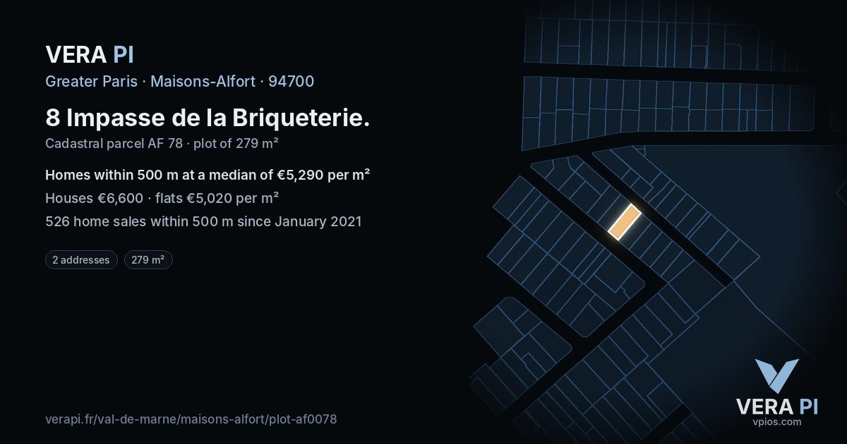 8 Impasse de la Briqueterie, Maisons-Alfort at night – the plot lit, the parcels around coloured by the prices near them