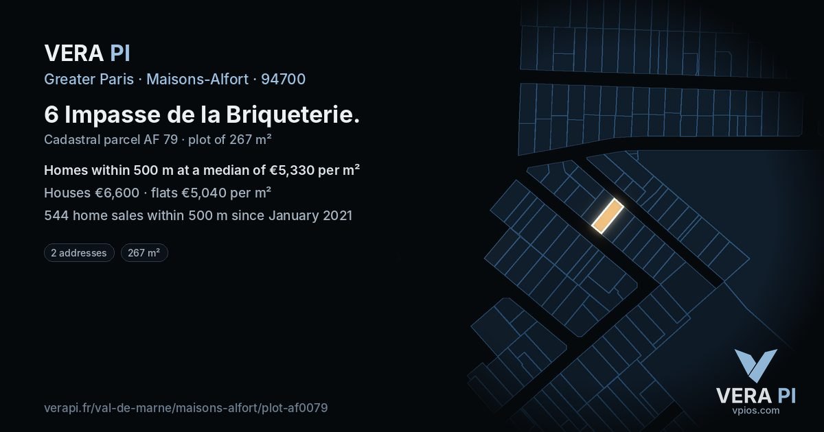 6 Impasse de la Briqueterie, Maisons-Alfort at night – the plot lit, the parcels around coloured by the prices near them