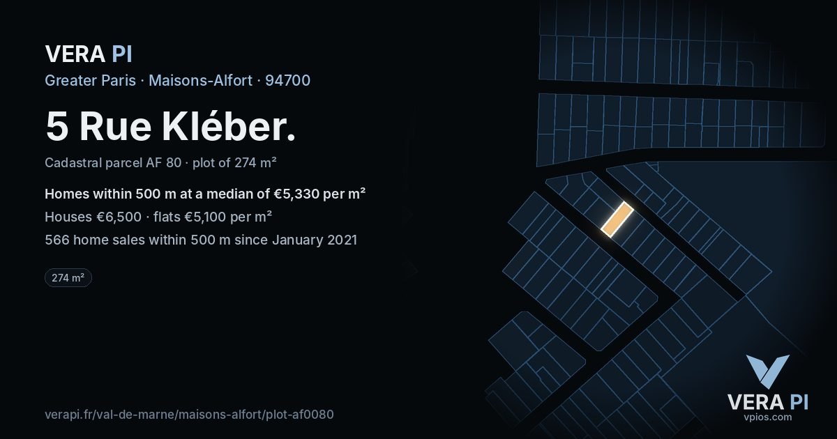 5 Rue Kléber, Maisons-Alfort at night – the plot lit, the parcels around coloured by the prices near them