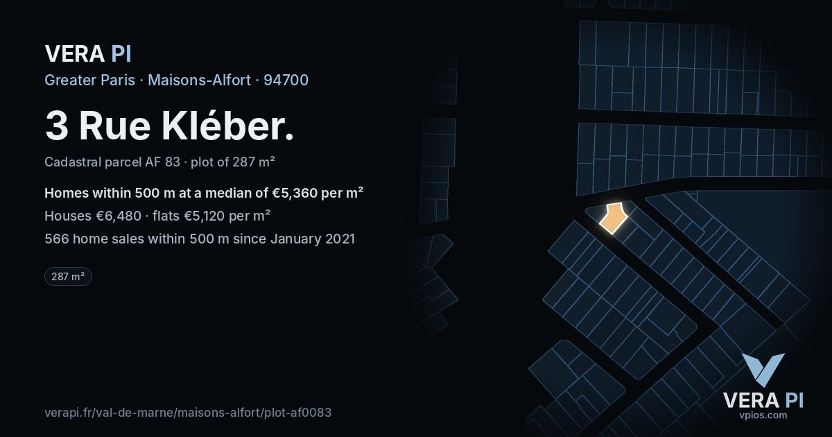 3 Rue Kléber, Maisons-Alfort at night – the plot lit, the parcels around coloured by the prices near them