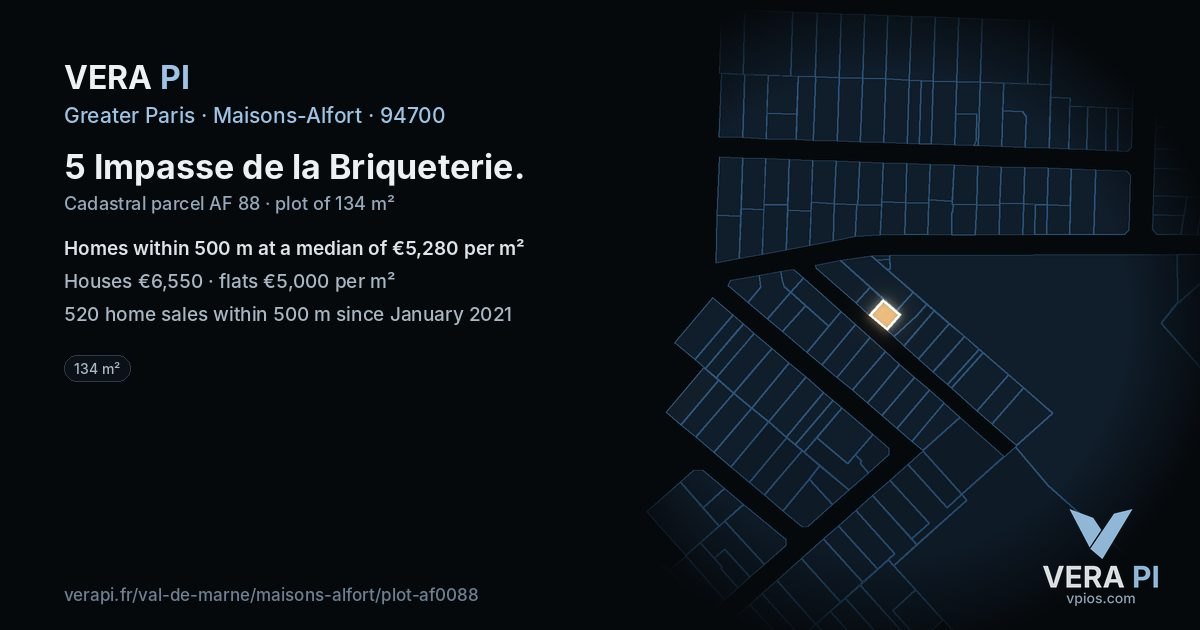 5 Impasse de la Briqueterie, Maisons-Alfort at night – the plot lit, the parcels around coloured by the prices near them