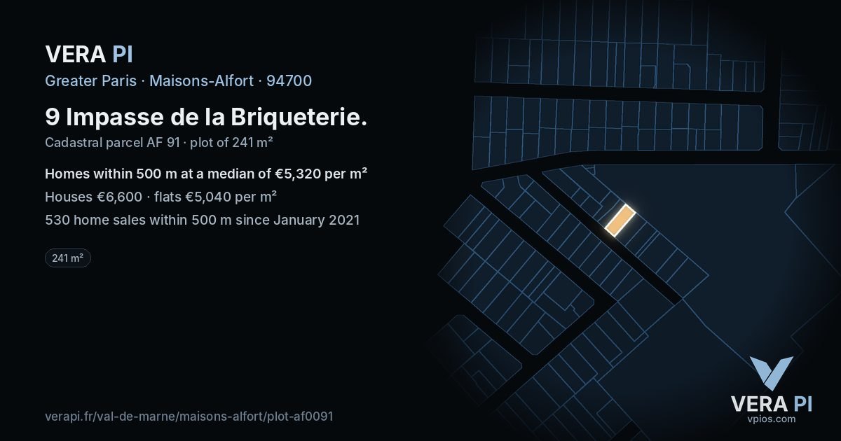 9 Impasse de la Briqueterie, Maisons-Alfort at night – the plot lit, the parcels around coloured by the prices near them