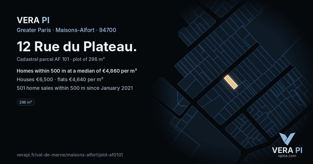 12 Rue du Plateau, Maisons-Alfort at night – the plot lit, the parcels around coloured by the prices near them