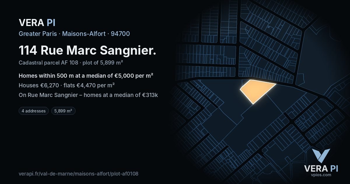 114 Rue Marc Sangnier, Maisons-Alfort at night – the plot lit, the parcels around coloured by the prices near them