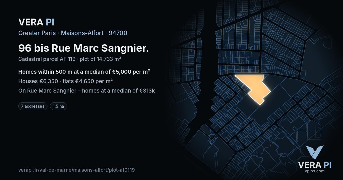 96 bis Rue Marc Sangnier, Maisons-Alfort at night – the plot lit, the parcels around coloured by the prices near them