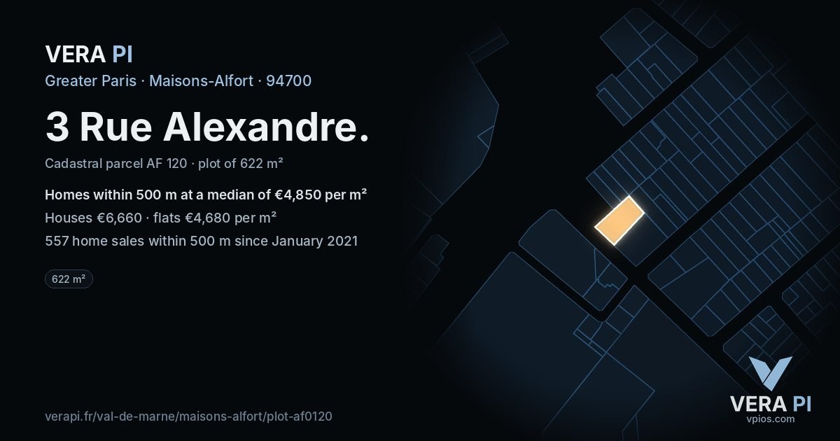 3 Rue Alexandre, Maisons-Alfort at night – the plot lit, the parcels around coloured by the prices near them