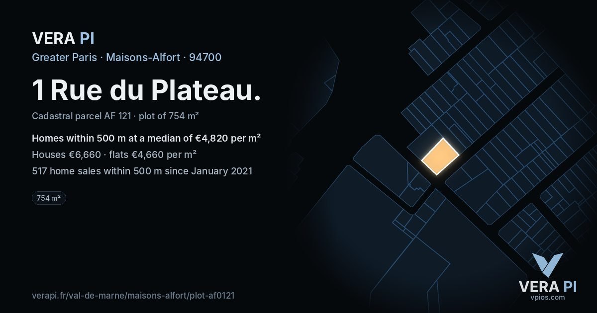 1 Rue du Plateau, Maisons-Alfort at night – the plot lit, the parcels around coloured by the prices near them