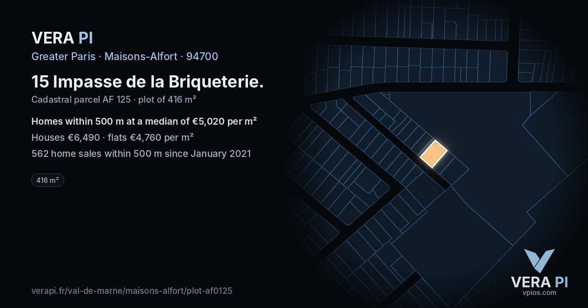 15 Impasse de la Briqueterie, Maisons-Alfort at night – the plot lit, the parcels around coloured by the prices near them