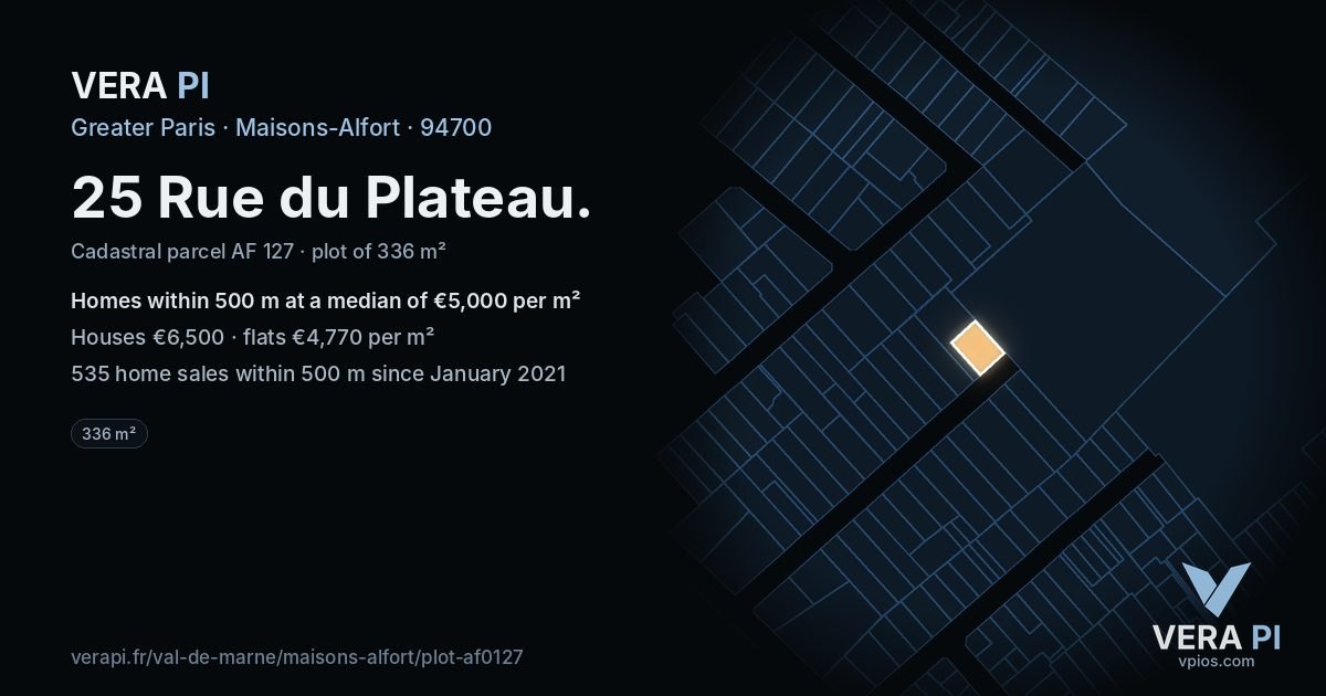 25 Rue du Plateau, Maisons-Alfort at night – the plot lit, the parcels around coloured by the prices near them