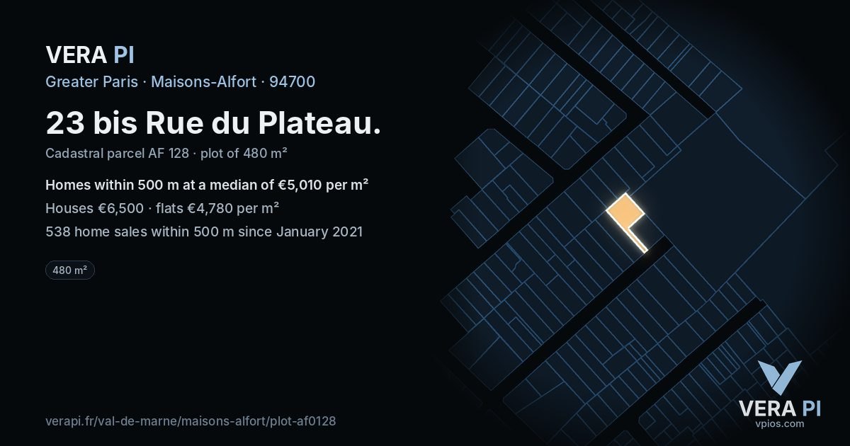 23 bis Rue du Plateau, Maisons-Alfort at night – the plot lit, the parcels around coloured by the prices near them