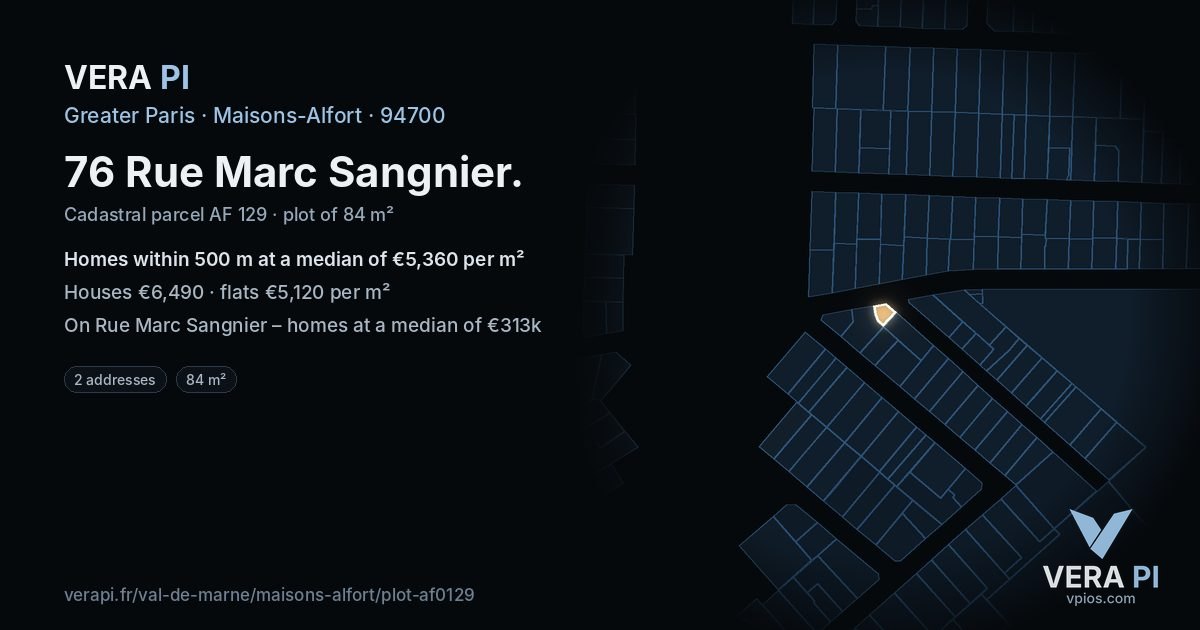 76 Rue Marc Sangnier, Maisons-Alfort at night – the plot lit, the parcels around coloured by the prices near them