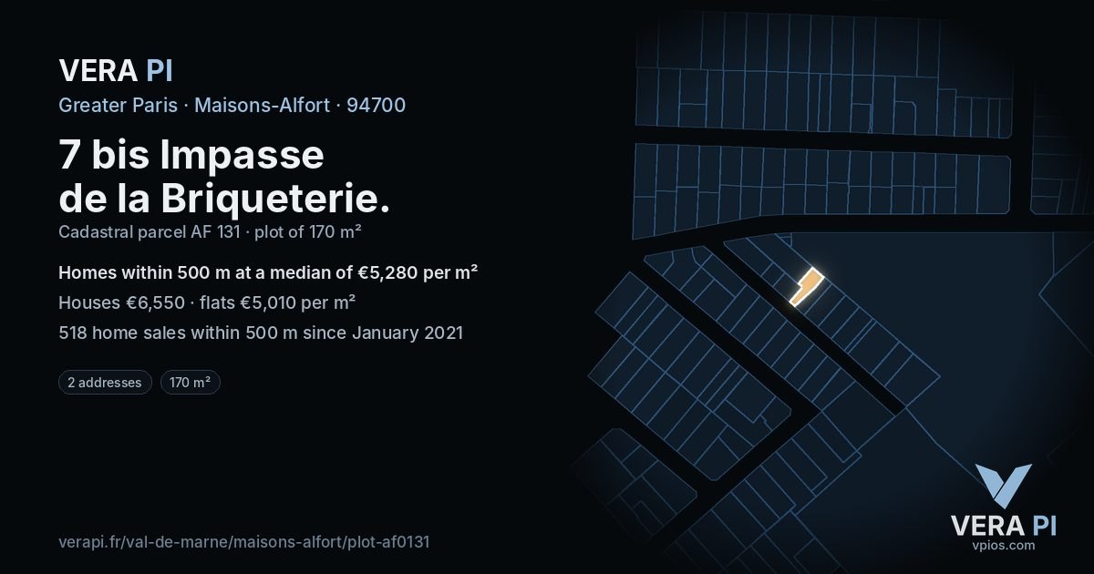 7 bis Impasse de la Briqueterie, Maisons-Alfort at night – the plot lit, the parcels around coloured by the prices near them