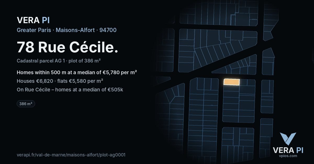 78 Rue Cécile, Maisons-Alfort at night – the plot lit, the parcels around coloured by the prices near them