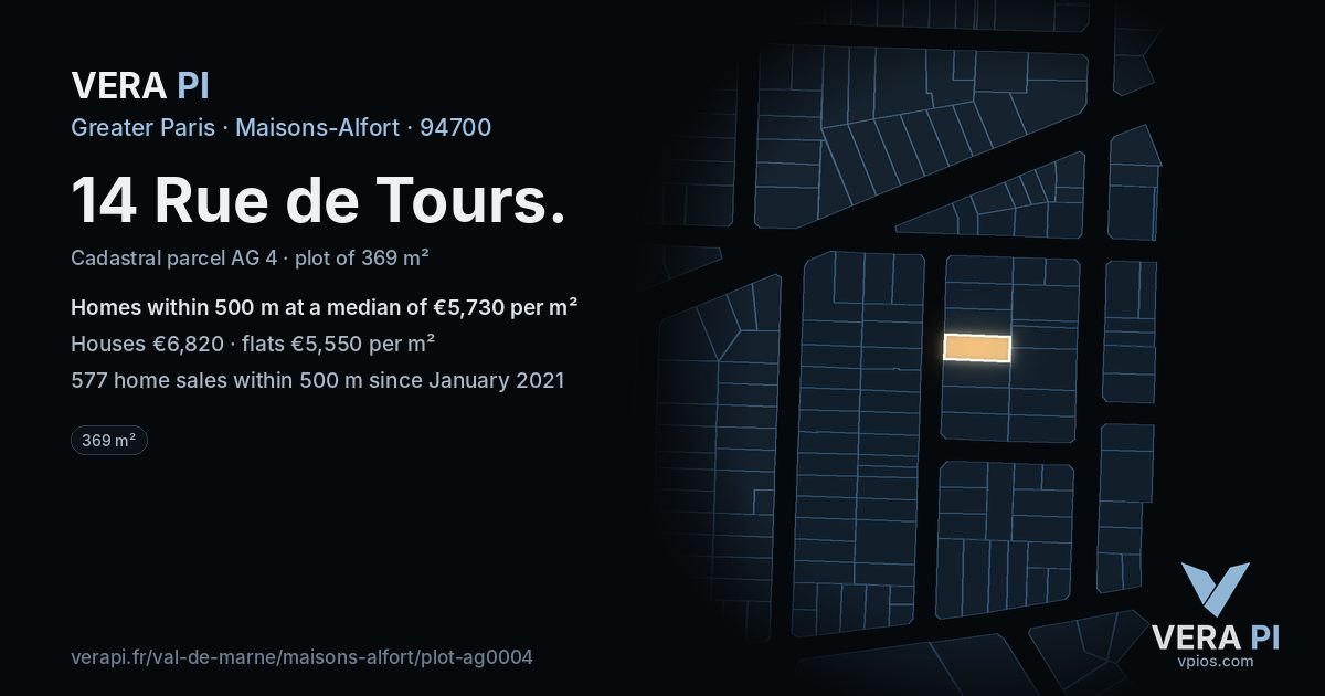 14 Rue de Tours, Maisons-Alfort at night – the plot lit, the parcels around coloured by the prices near them