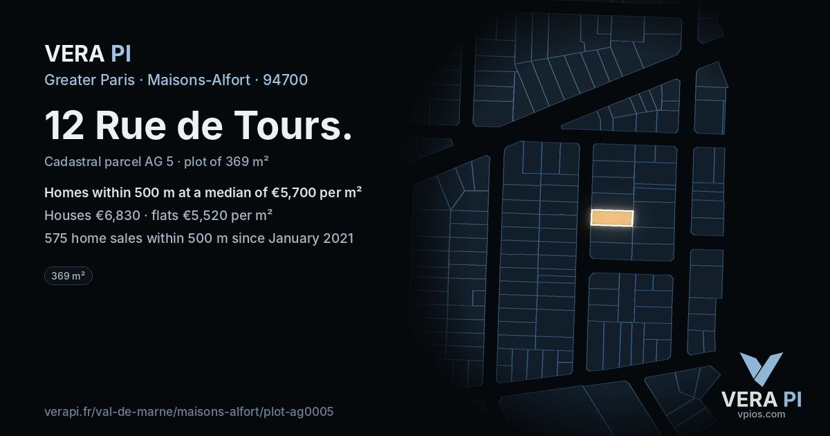 12 Rue de Tours, Maisons-Alfort at night – the plot lit, the parcels around coloured by the prices near them
