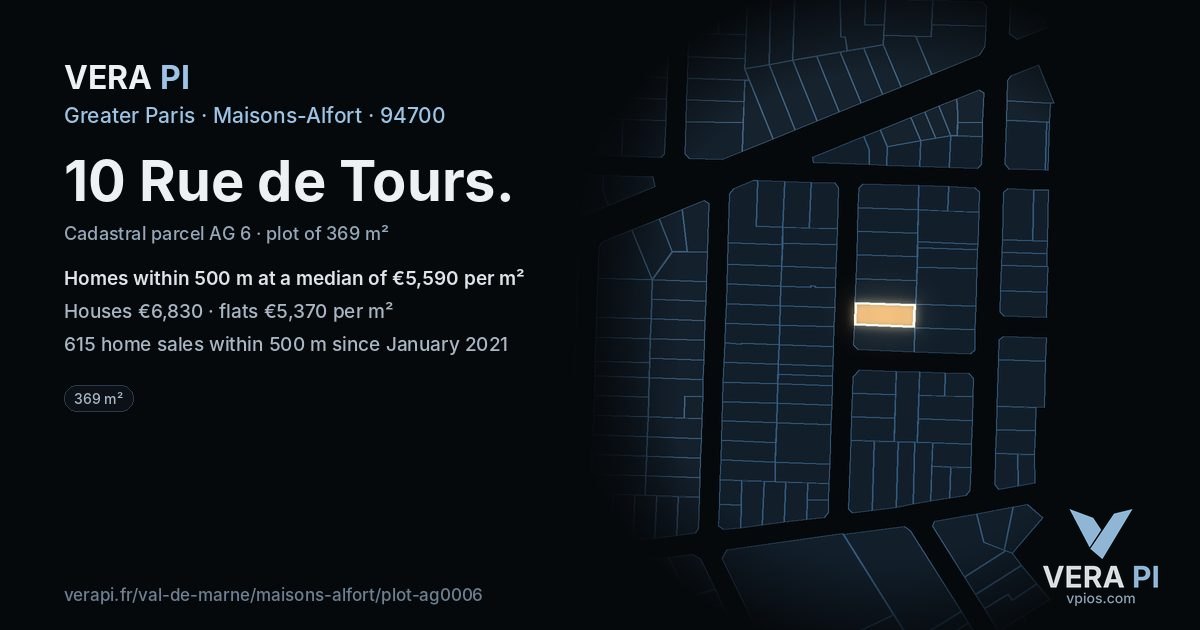 10 Rue de Tours, Maisons-Alfort at night – the plot lit, the parcels around coloured by the prices near them