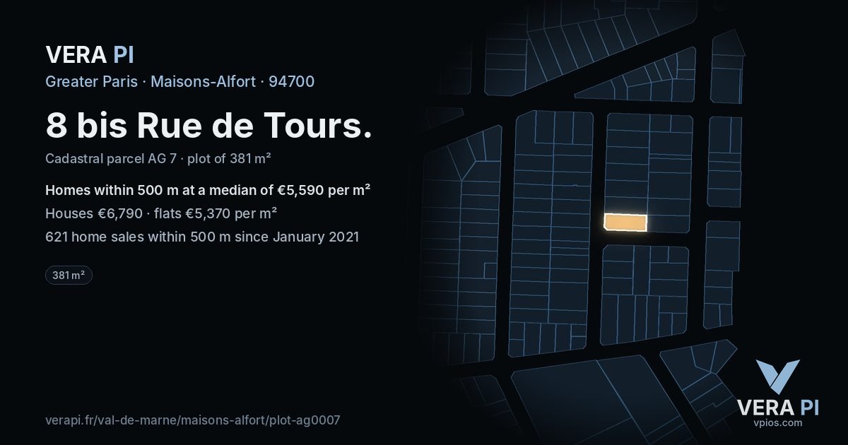 8 bis Rue de Tours, Maisons-Alfort at night – the plot lit, the parcels around coloured by the prices near them