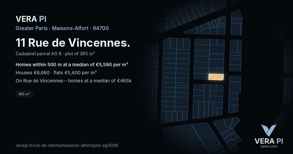 11 Rue de Vincennes, Maisons-Alfort at night – the plot lit, the parcels around coloured by the prices near them