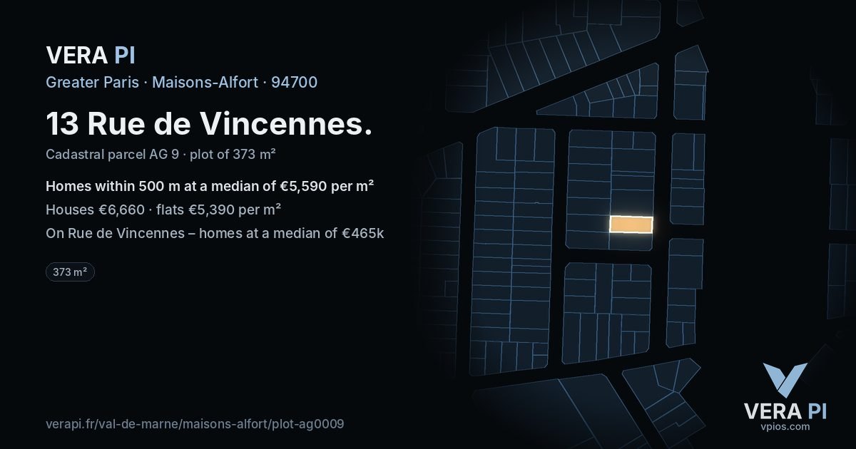 13 Rue de Vincennes, Maisons-Alfort at night – the plot lit, the parcels around coloured by the prices near them