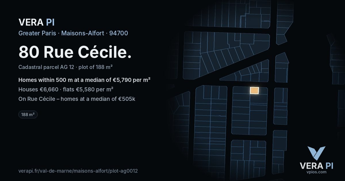 80 Rue Cécile, Maisons-Alfort at night – the plot lit, the parcels around coloured by the prices near them
