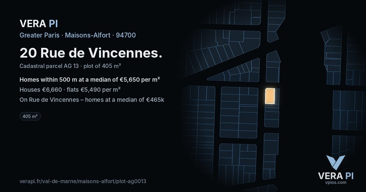 20 Rue de Vincennes, Maisons-Alfort at night – the plot lit, the parcels around coloured by the prices near them
