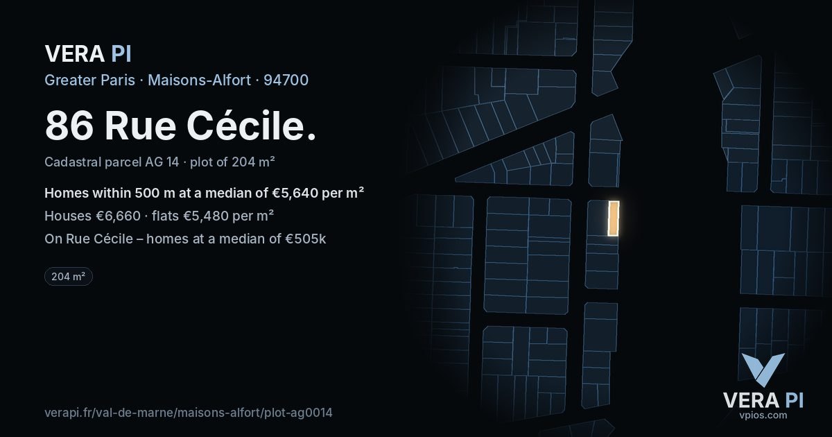 86 Rue Cécile, Maisons-Alfort at night – the plot lit, the parcels around coloured by the prices near them