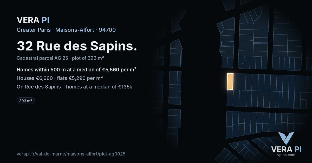 32 Rue des Sapins, Maisons-Alfort at night – the plot lit, the parcels around coloured by the prices near them