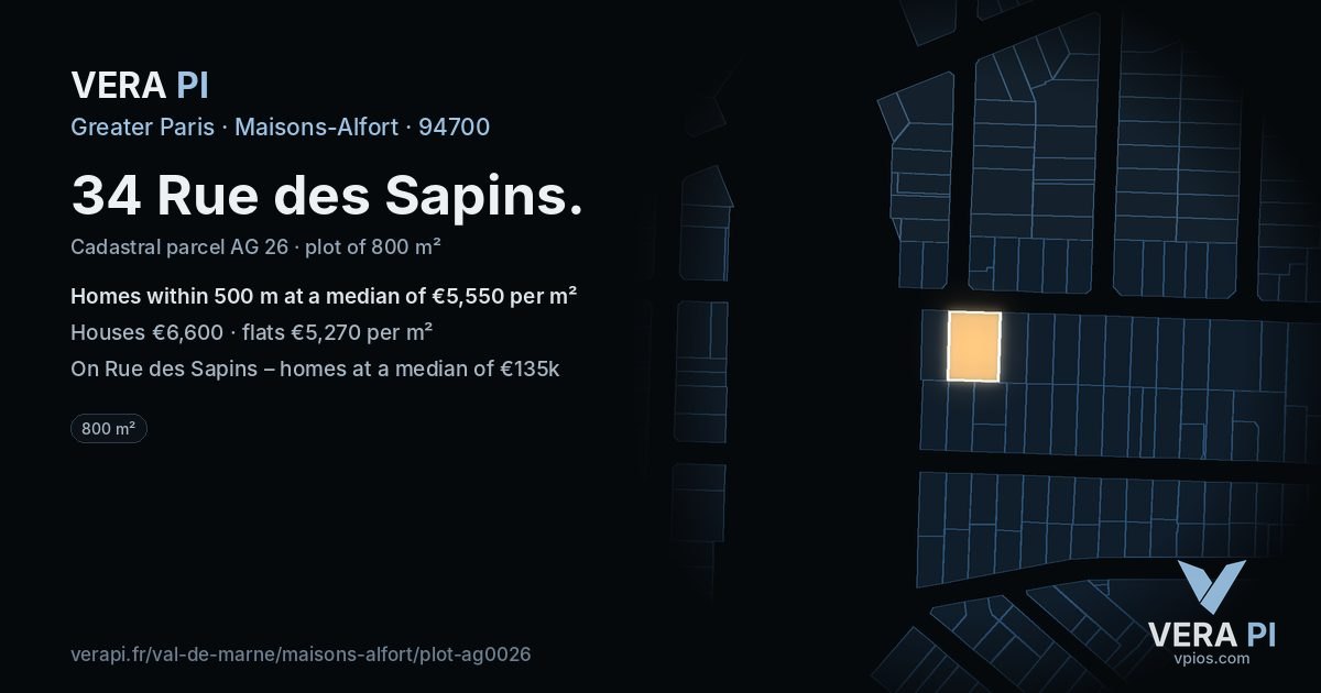 34 Rue des Sapins, Maisons-Alfort at night – the plot lit, the parcels around coloured by the prices near them