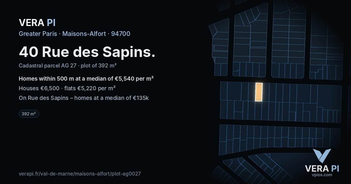 40 Rue des Sapins, Maisons-Alfort at night – the plot lit, the parcels around coloured by the prices near them