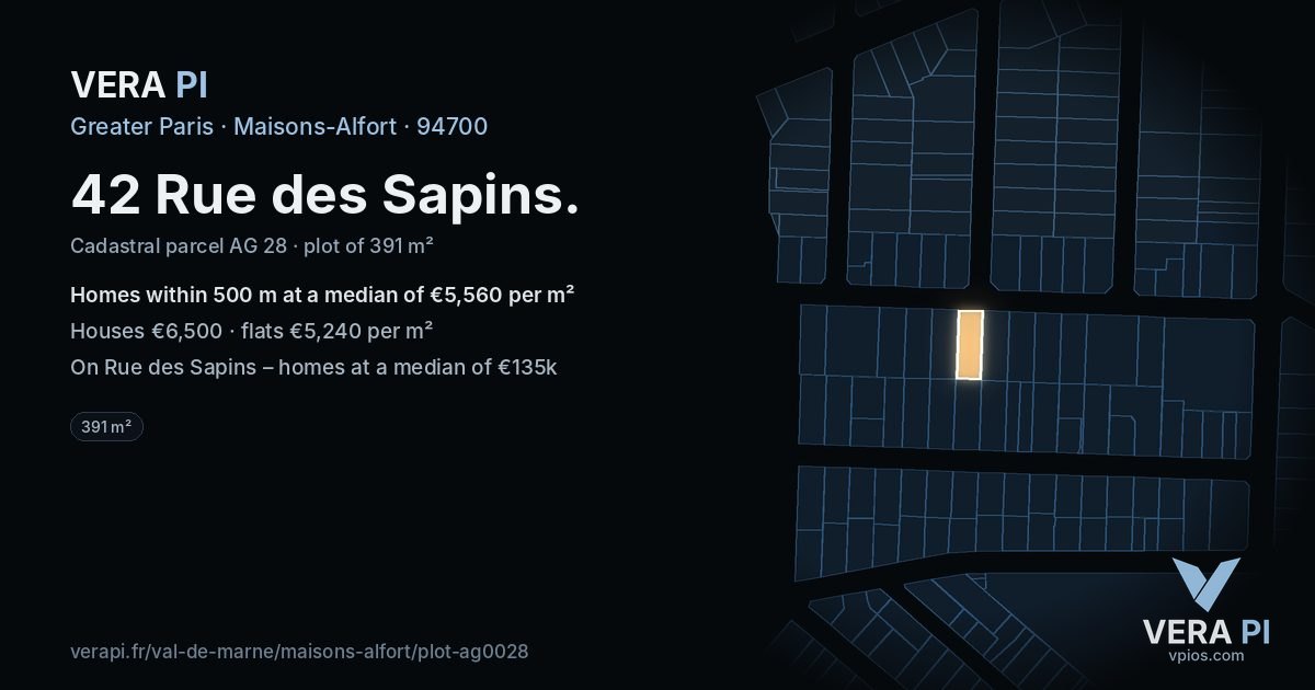 42 Rue des Sapins, Maisons-Alfort at night – the plot lit, the parcels around coloured by the prices near them