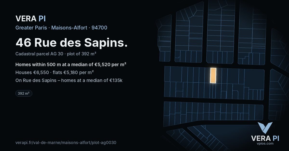 46 Rue des Sapins, Maisons-Alfort at night – the plot lit, the parcels around coloured by the prices near them