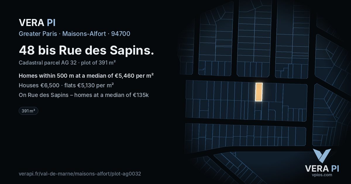 48 bis Rue des Sapins, Maisons-Alfort at night – the plot lit, the parcels around coloured by the prices near them