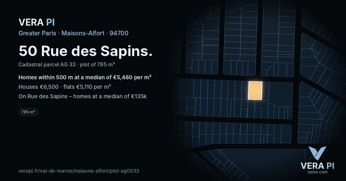 50 Rue des Sapins, Maisons-Alfort at night – the plot lit, the parcels around coloured by the prices near them
