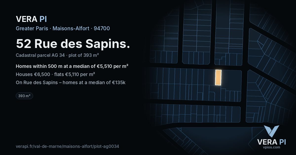 52 Rue des Sapins, Maisons-Alfort at night – the plot lit, the parcels around coloured by the prices near them