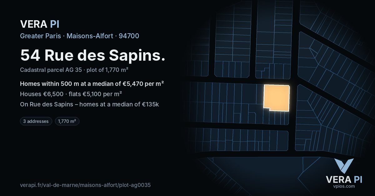 54 Rue des Sapins, Maisons-Alfort at night – the plot lit, the parcels around coloured by the prices near them