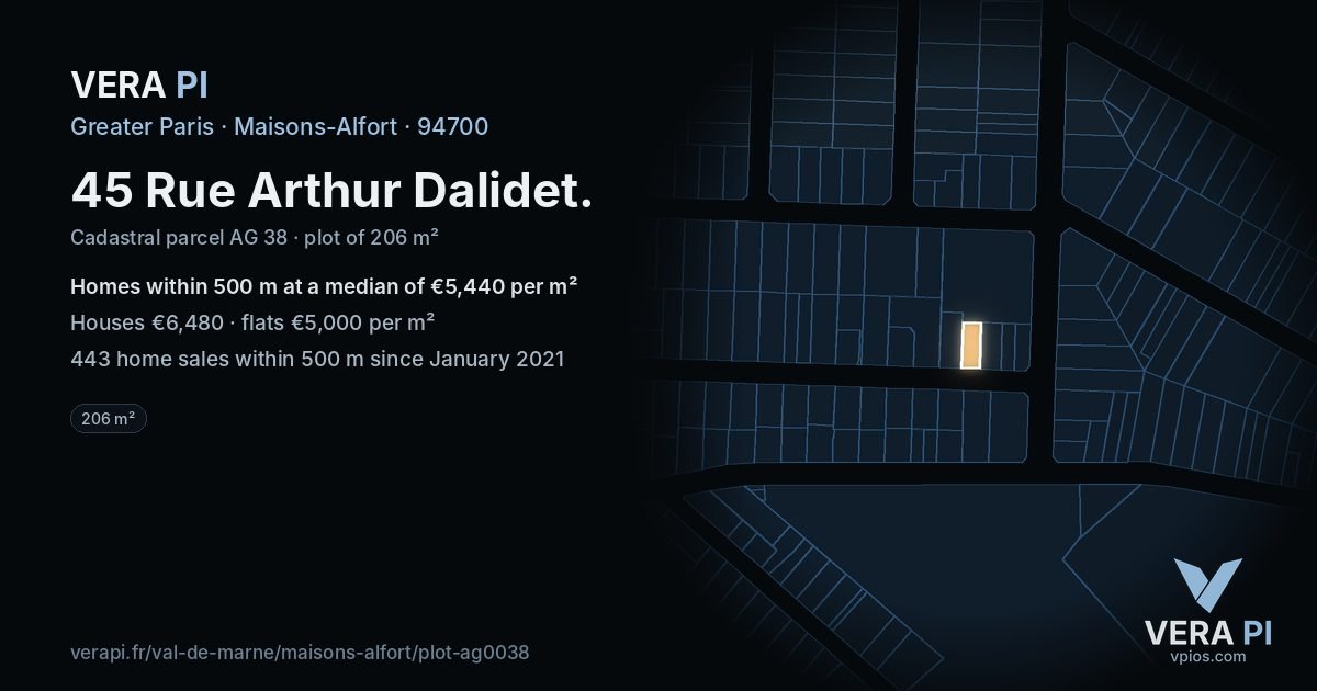 45 Rue Arthur Dalidet, Maisons-Alfort at night – the plot lit, the parcels around coloured by the prices near them
