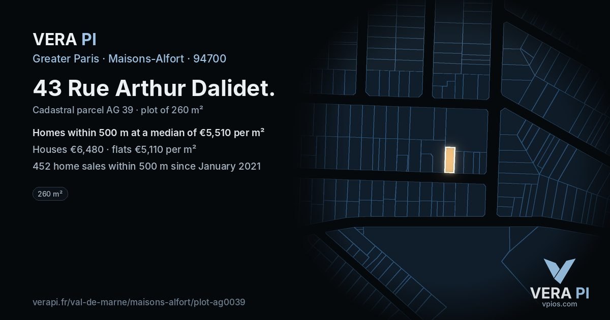 43 Rue Arthur Dalidet, Maisons-Alfort at night – the plot lit, the parcels around coloured by the prices near them