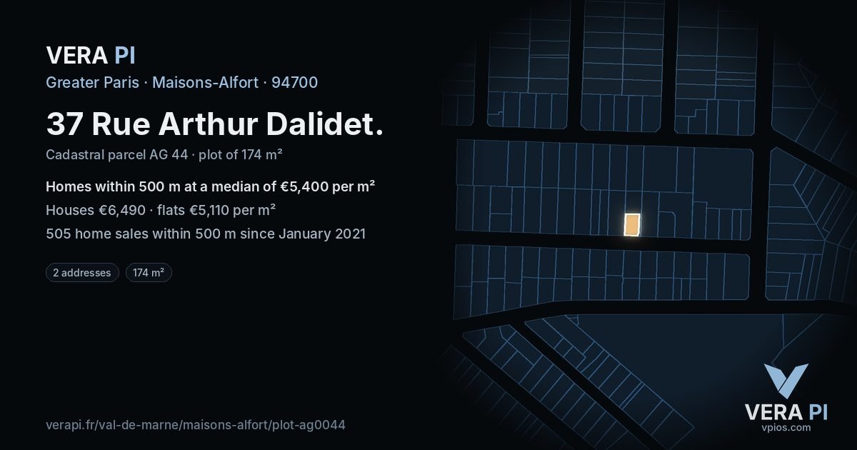 37 Rue Arthur Dalidet, Maisons-Alfort at night – the plot lit, the parcels around coloured by the prices near them