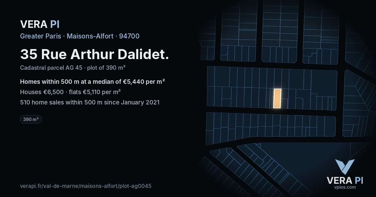 35 Rue Arthur Dalidet, Maisons-Alfort at night – the plot lit, the parcels around coloured by the prices near them
