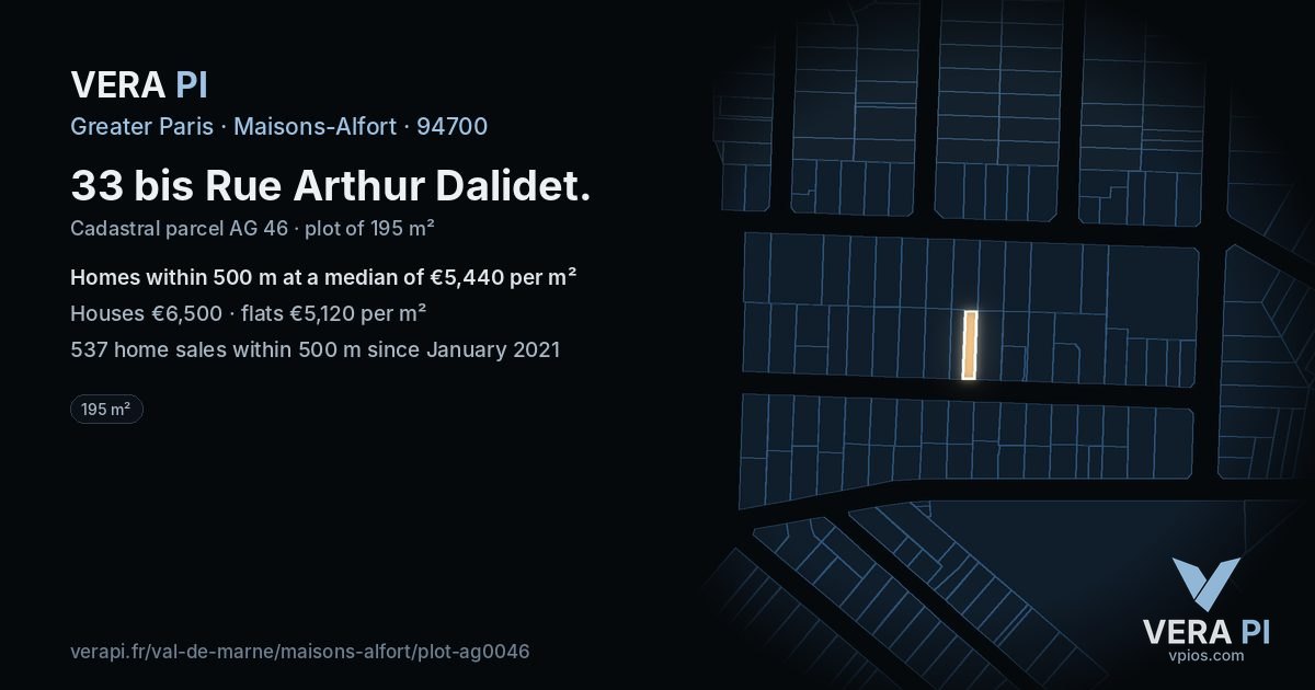 33 bis Rue Arthur Dalidet, Maisons-Alfort at night – the plot lit, the parcels around coloured by the prices near them