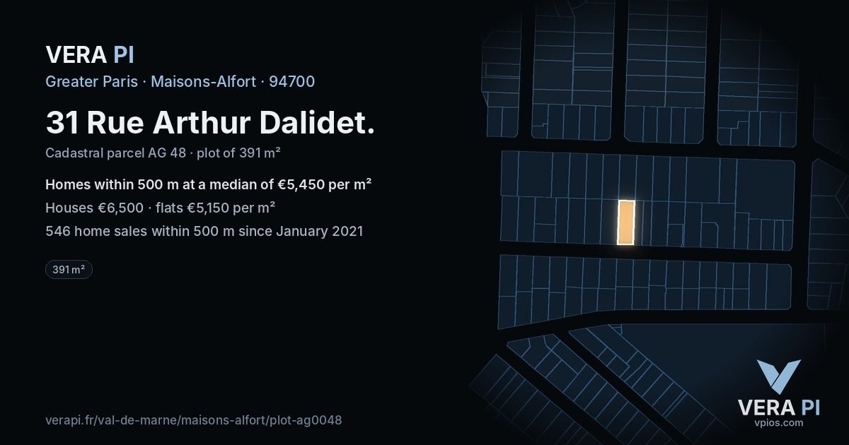 31 Rue Arthur Dalidet, Maisons-Alfort at night – the plot lit, the parcels around coloured by the prices near them