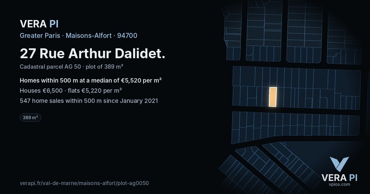 27 Rue Arthur Dalidet, Maisons-Alfort at night – the plot lit, the parcels around coloured by the prices near them