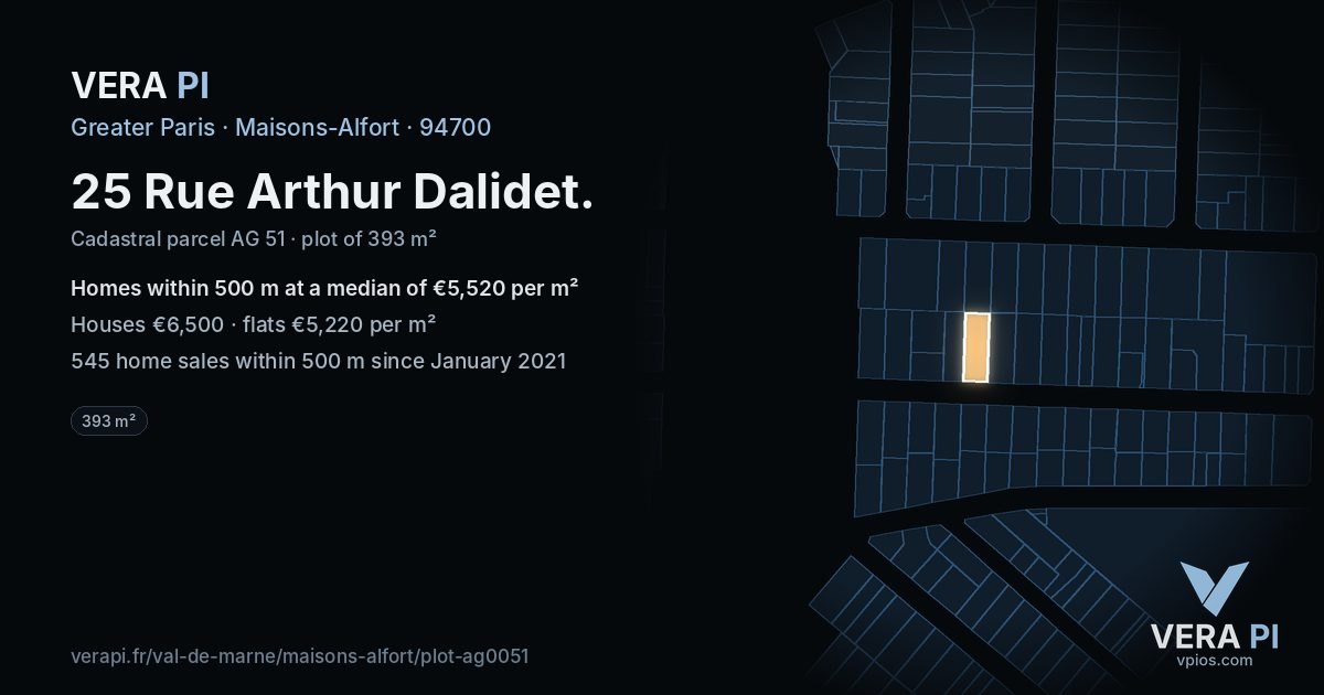 25 Rue Arthur Dalidet, Maisons-Alfort at night – the plot lit, the parcels around coloured by the prices near them